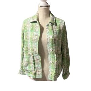 Zara Long Sleeve Button Up Tweed Jacket Blazer Green Woven Knit Womens XS